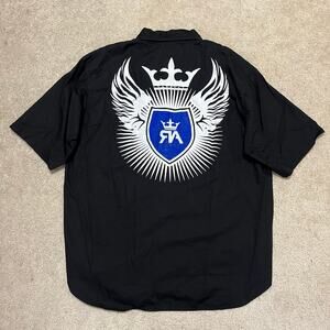 Y2K Red Ape Crown Wing Graphic Black Button Up Polo Shirt XL